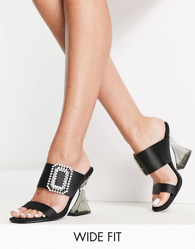 Glamorous Wide Fit flare heel sandal with embellished detail in black